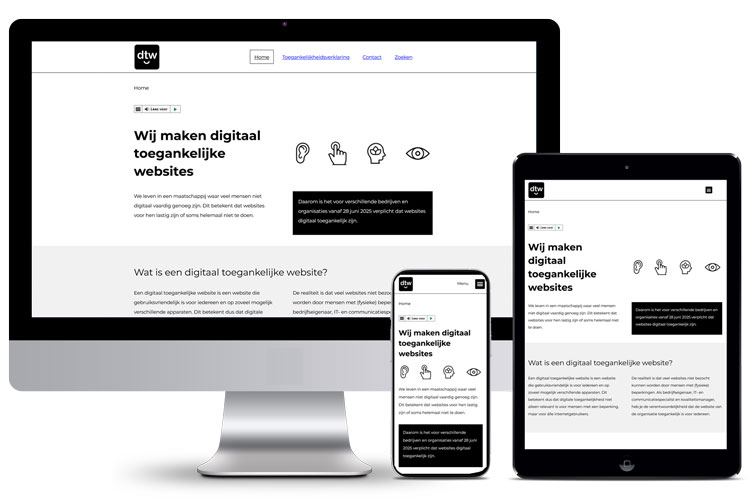 toegankelijke website als voorbeeld in desktop, tablet en smartphone