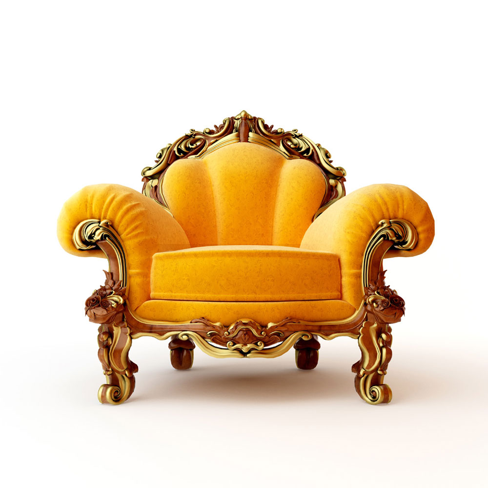 grote donkergele troon met gouden ornamenten